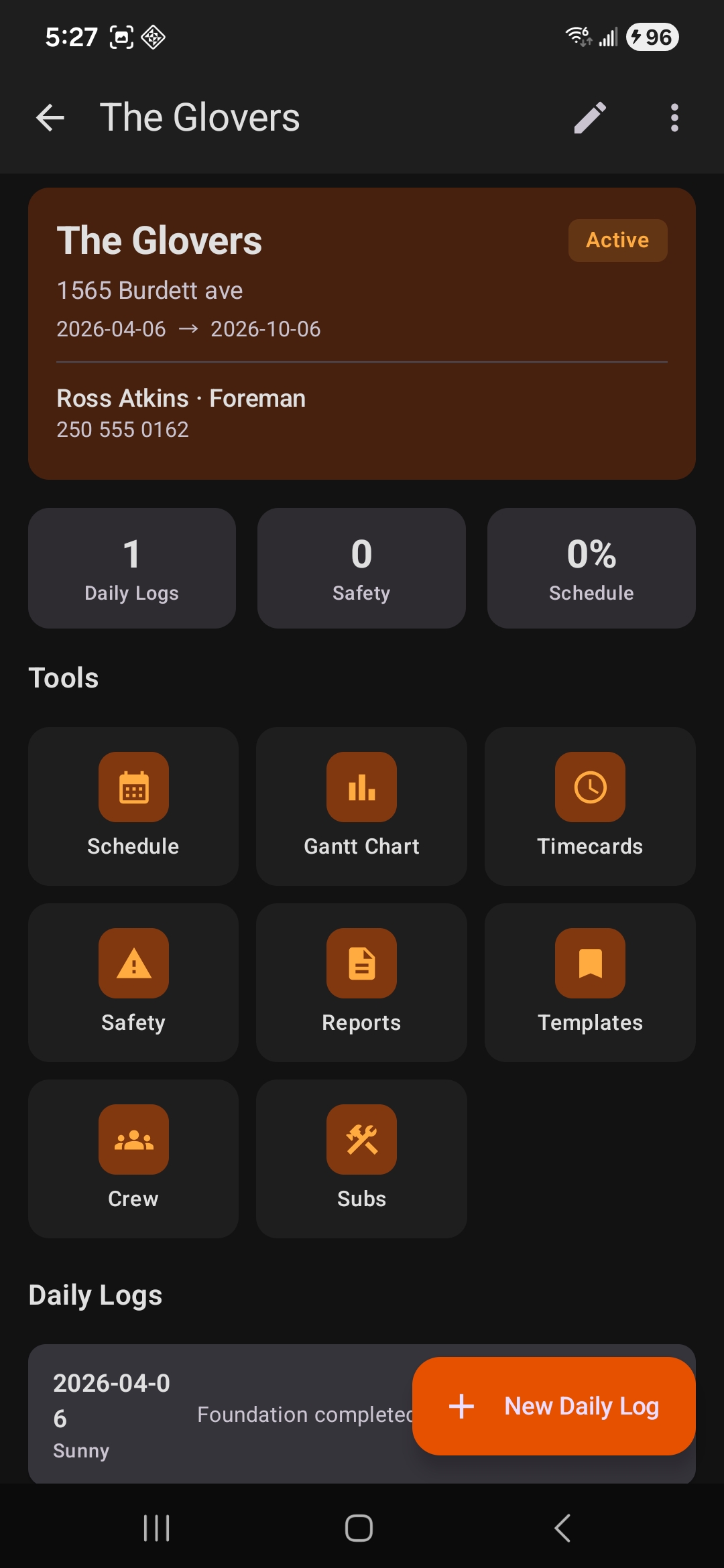 ThumpIT project dashboard showing tools, schedule, safety logs, and daily log management