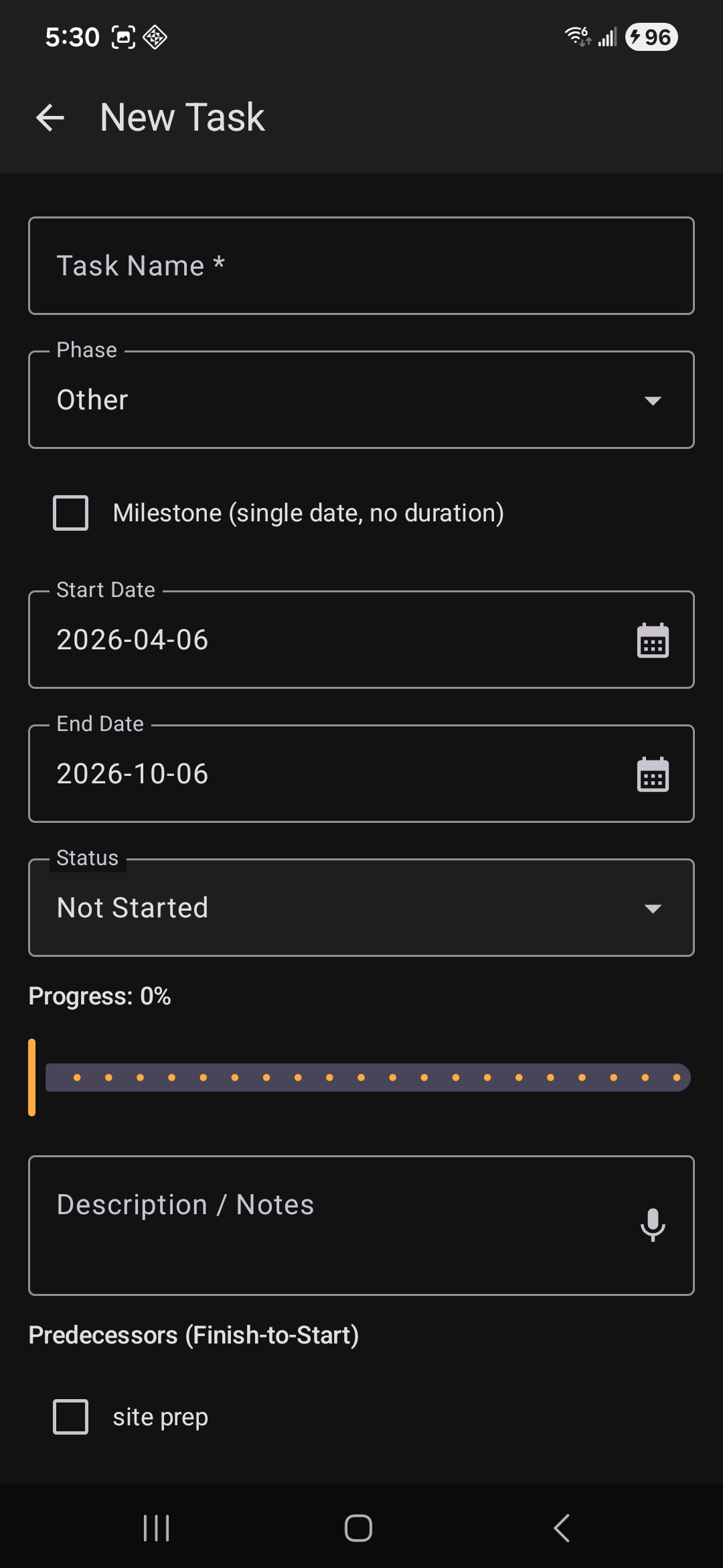 New task form with calendar date picker, phase selector, and progress slider